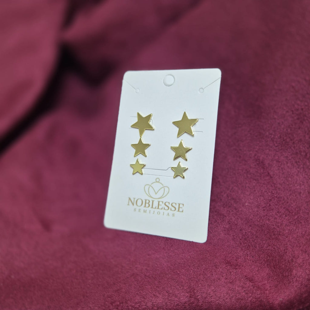 TRIO DE BRINCOS DE ESTRELA BANHADO OURO 18K